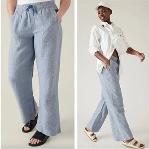 Athleta Retreat Linen Wide Leg Split Ankle Pull On Pants Light Blue Chambray